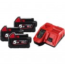 Milwaukee M18 NRG-503 hurtiglader + 3stk Milwaukee 18V 5Ah REDLINE batterier thumbnail