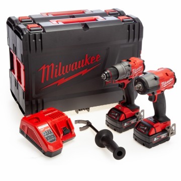 Milwaukee M18 FPP2F3-502X 2-delers børsteløs combi + muttertrekker sett (2x5Ah batt) i HD kofferter