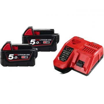 Milwaukee M18 NRG-502 ladepakke, hurtiglader + 2 x 5Ah batterier