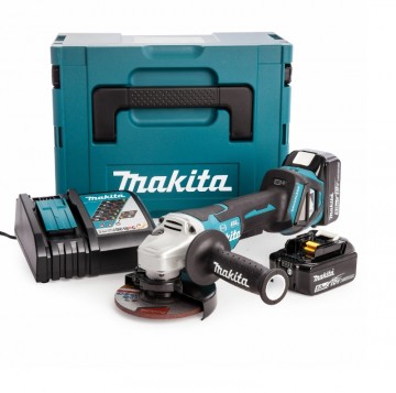 Makita DGA517RTJ 125mm 18V børsteløs vinkelsliper sett 2 x 5.0Ah batterier)